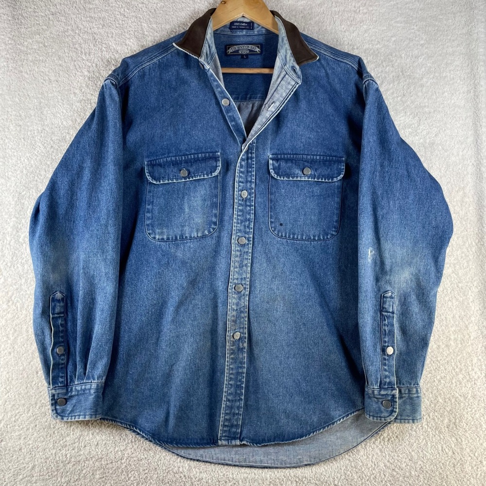 vtg 90s denim work shirt jacket L metal tack buttons leather collar thornton bay